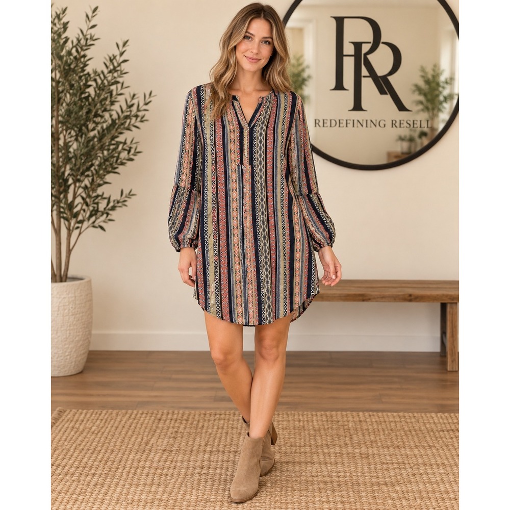 Umgee USA Womens Large Navy Coral Geometric Stripe Balloon Sleeve Tunic Dress